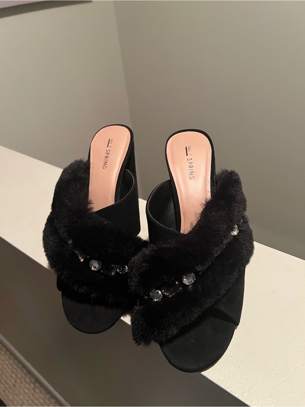 Call It Spring Black Faux Fur & Gemstone Mules - Size 11